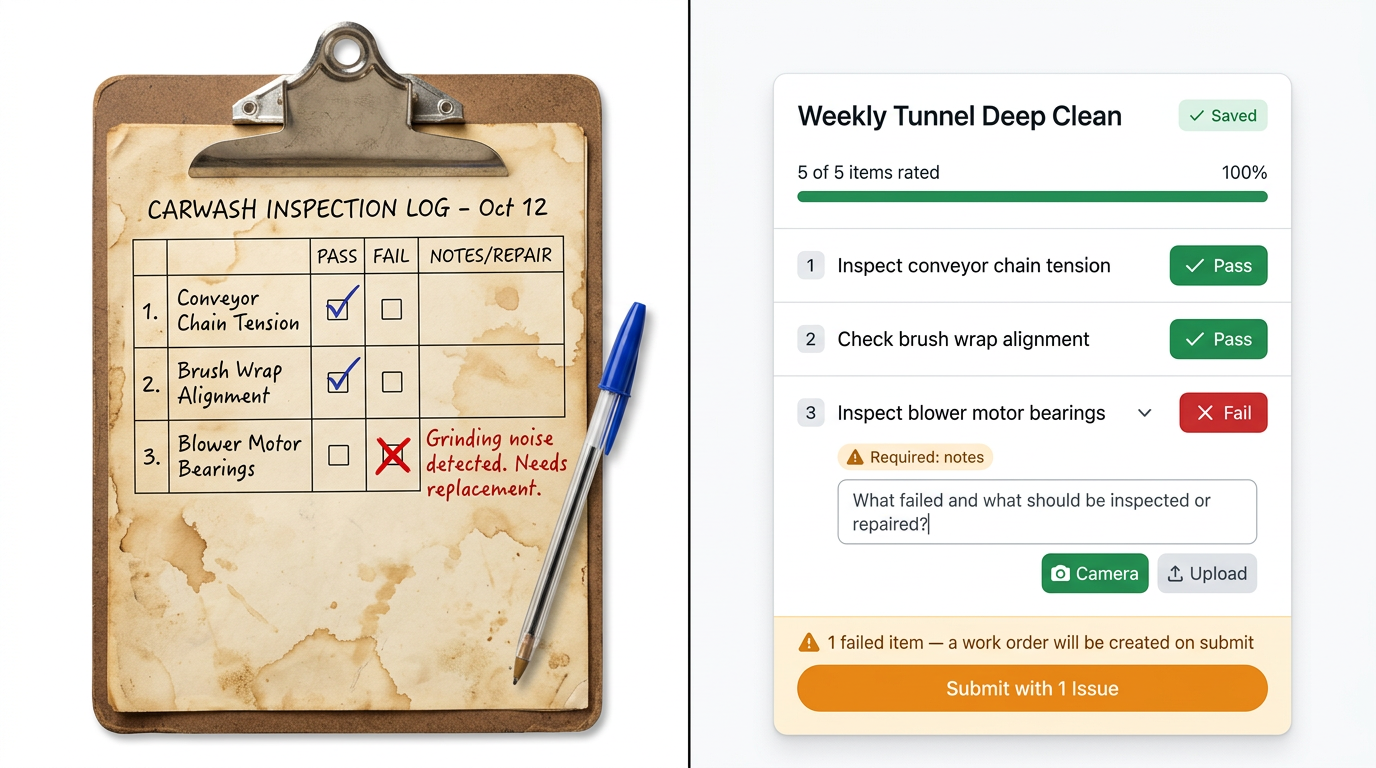 Paper clipboard inspection checklist compared to WashConsole's digital inspection interface with pass/fail buttons, required notes, and photo evidence