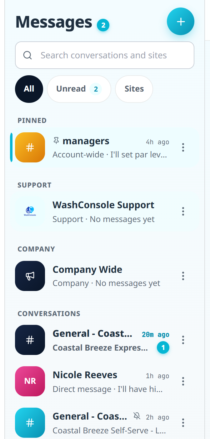 The conversation list grouped into sections: Pinned, Support, Company, and Conversations, with site General channels and direct messages, unread counts, and a filter for All, Unread, and Sites.