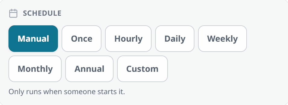 Watch the schedule picker switch from Manual to Hourly, and the note underneath change to say it runs every hour.