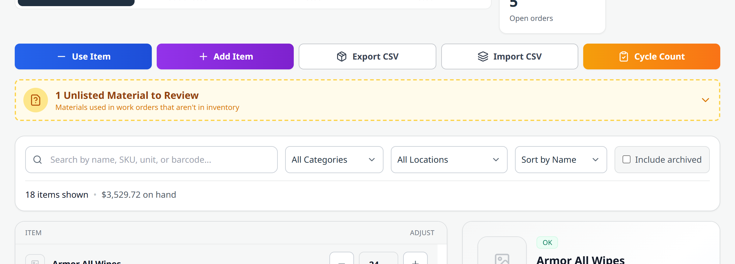 The Inventory filters: all 18 items, 0 out of stock, 7 low stock, 11 in stock, with auto reorders and open orders alongside, above the item cards.