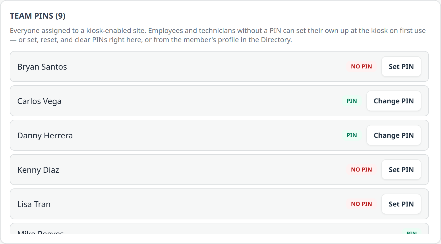 The Kiosk page's Team PINs list: everyone at a kiosk enabled site, showing who has a PIN and who does not, with Set PIN and Change PIN on each row.