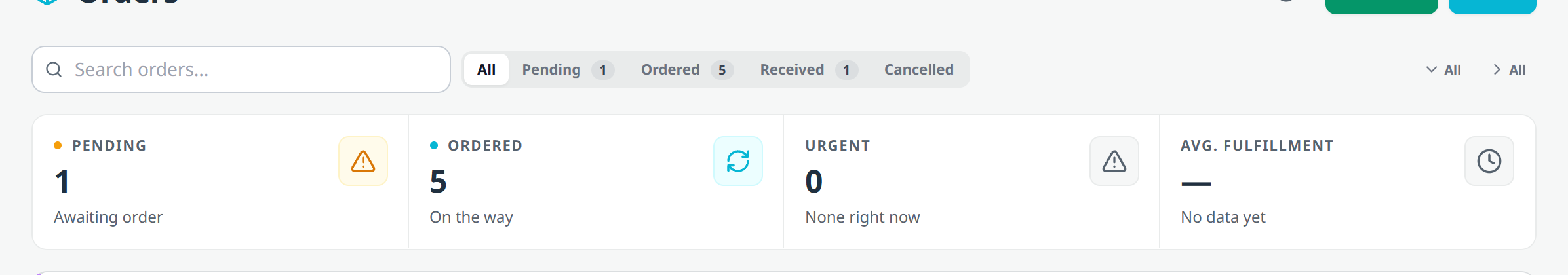 The Orders page: pending, ordered, received, and cancelled counts, with what is awaiting order and what is on the way.