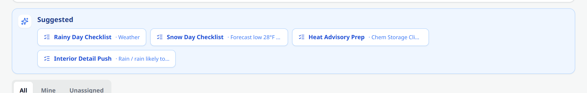 Suggested lists on the To-Do page: a Rainy Day Checklist tagged Weather, a Snow Day Checklist because the forecast low is 28°F, a Heat Advisory Prep because the chem storage sensor is over 90°F, and an Interior Detail Push because rain is likely.