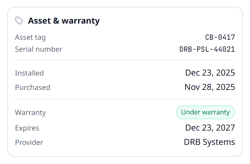 The Asset and warranty card on an equipment unit: asset tag CB-0417, serial DRB-PSL-44021, installed Dec 23 2025, purchased Nov 28 2025, under warranty through Dec 23 2027, provider DRB Systems.