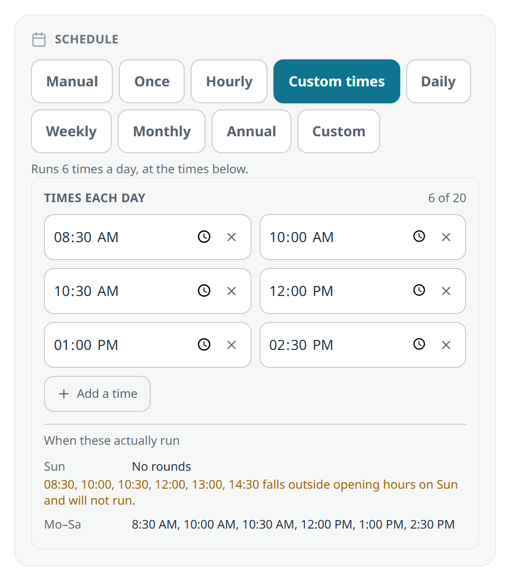 The inspection schedule picker with Custom times selected out of Manual, Once, Hourly, Daily, Weekly, Monthly, Annual and Custom; six time fields from 8:30 AM to 2:30 PM; and a "When these actually run" preview showing no rounds on Sunday because those times fall outside opening hours.