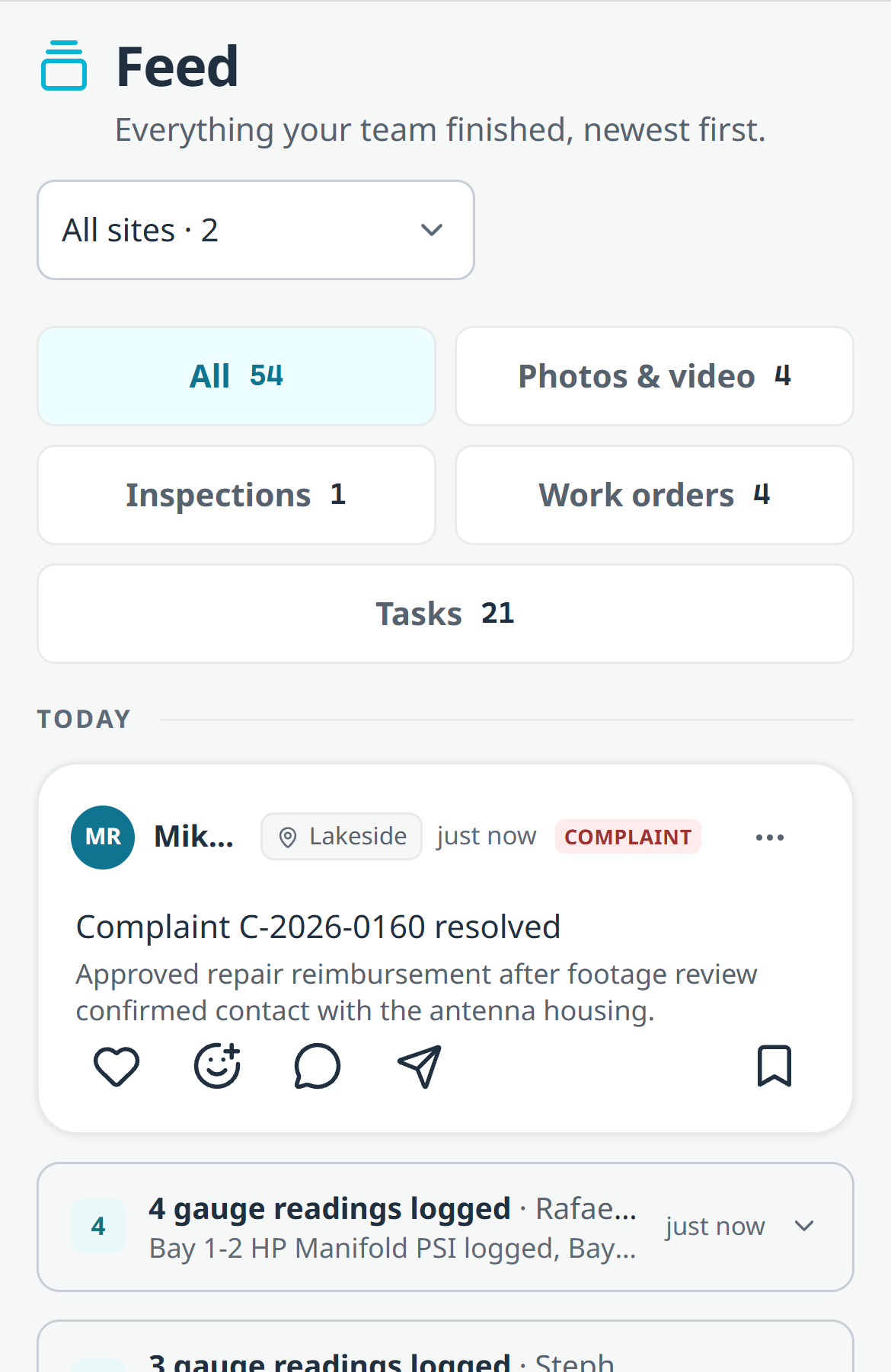 The Feed on a phone: the All, Photos and video, Inspections, Work orders and Tasks filter rail stacked two across, and a resolved complaint card with its like, react, comment and share row.