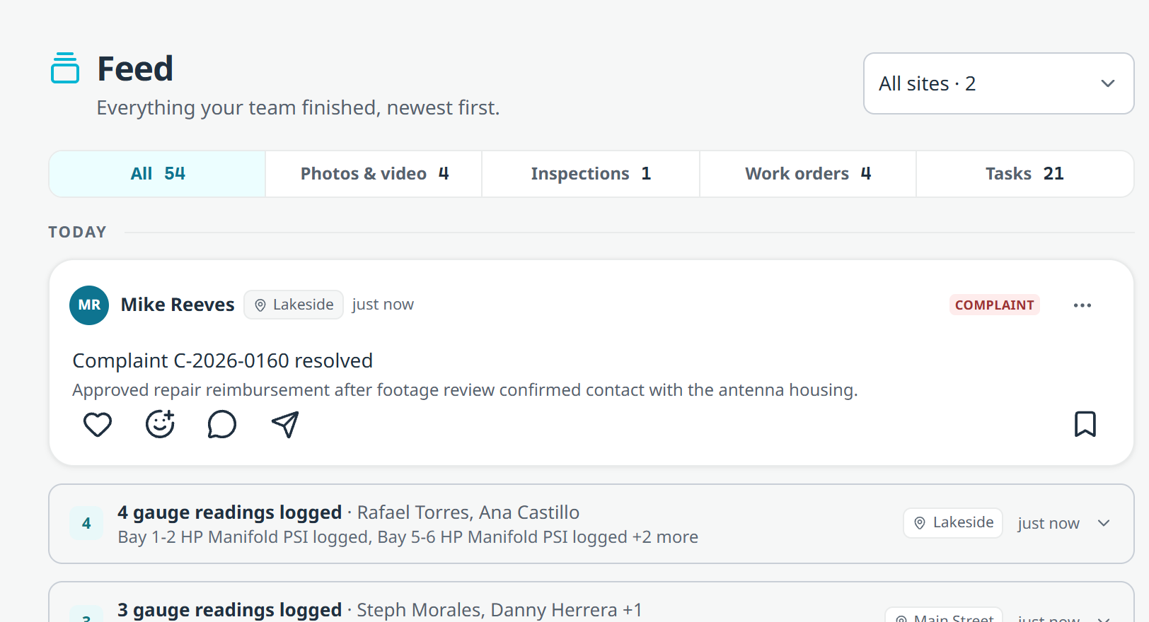The Feed page, with an All / Photos and video / Inspections / Work orders / Tasks filter rail across the top, a resolved complaint card, and gauge readings from both sites grouped into single rollup lines.