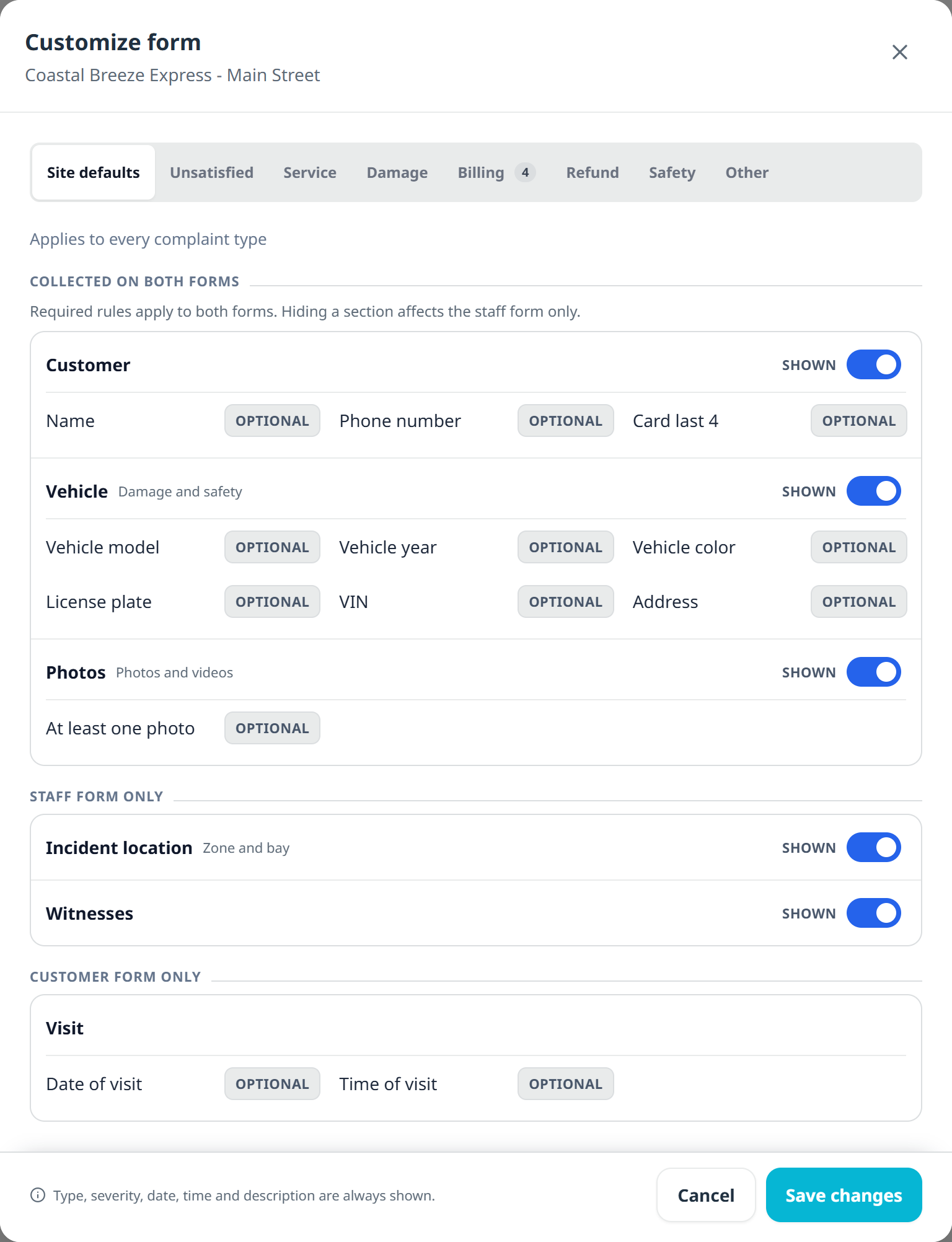 The Customize form dialog: type tabs reading Site defaults, Unsatisfied, Service, Damage, Billing with 4 customizations, Refund, Safety and Other; then Collected on both forms with Customer, Vehicle and Photos sections each carrying a SHOWN toggle and OPTIONAL field chips, and a Staff form only group below.