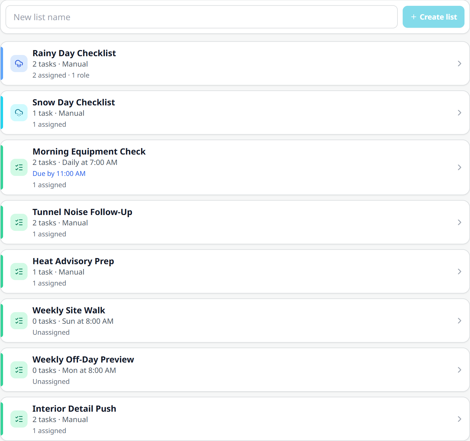 The Edit tasks panel switched to its Lists segment: a Create list field, then Rainy Day Checklist and Snow Day Checklist marked Manual, Morning Equipment Check reading Daily at 7:00 AM with Due by 11:00 AM underneath, and assignment counts on each row.