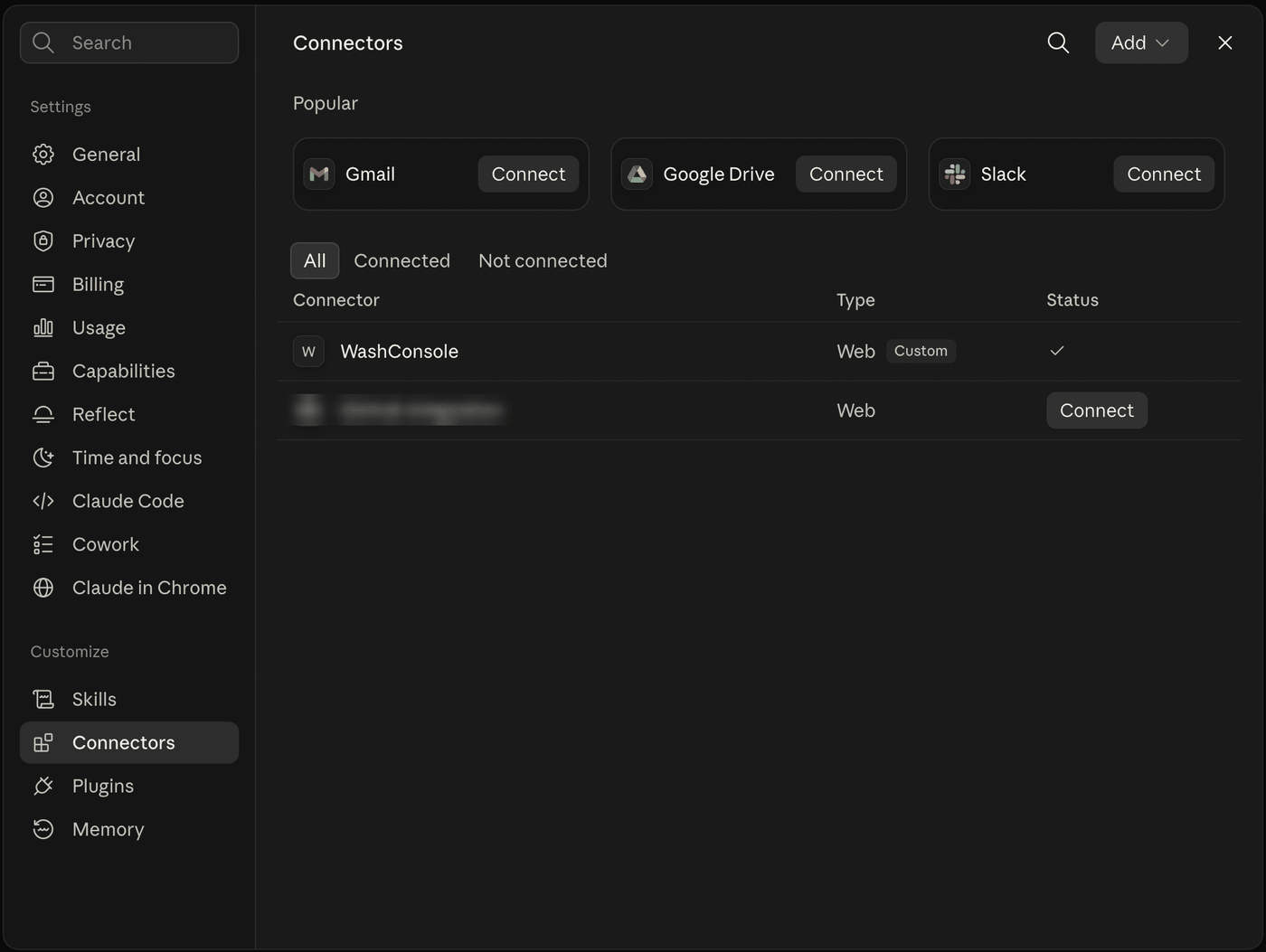 Claude's Connectors settings page listing WashConsole as a connected custom web connector with a checkmark in the status column.