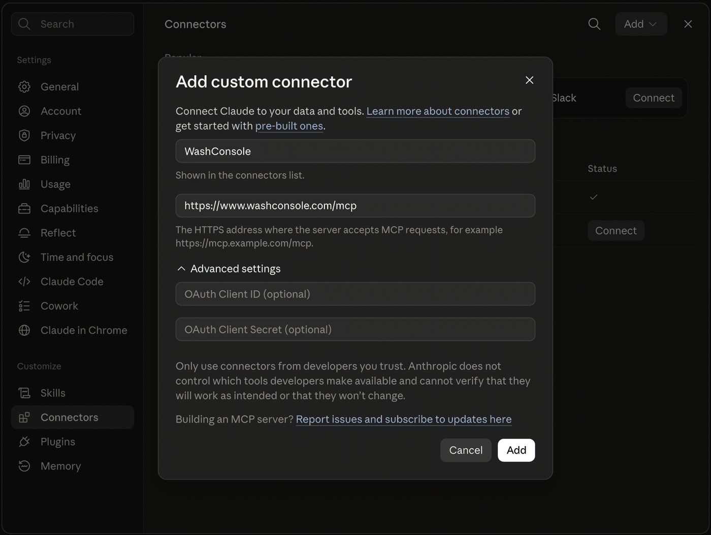 Claude's Add custom connector dialog, filled in with the name WashConsole and the remote MCP server URL https://www.washconsole.com/mcp. The optional OAuth Client ID and Client Secret fields under Advanced settings are both empty.