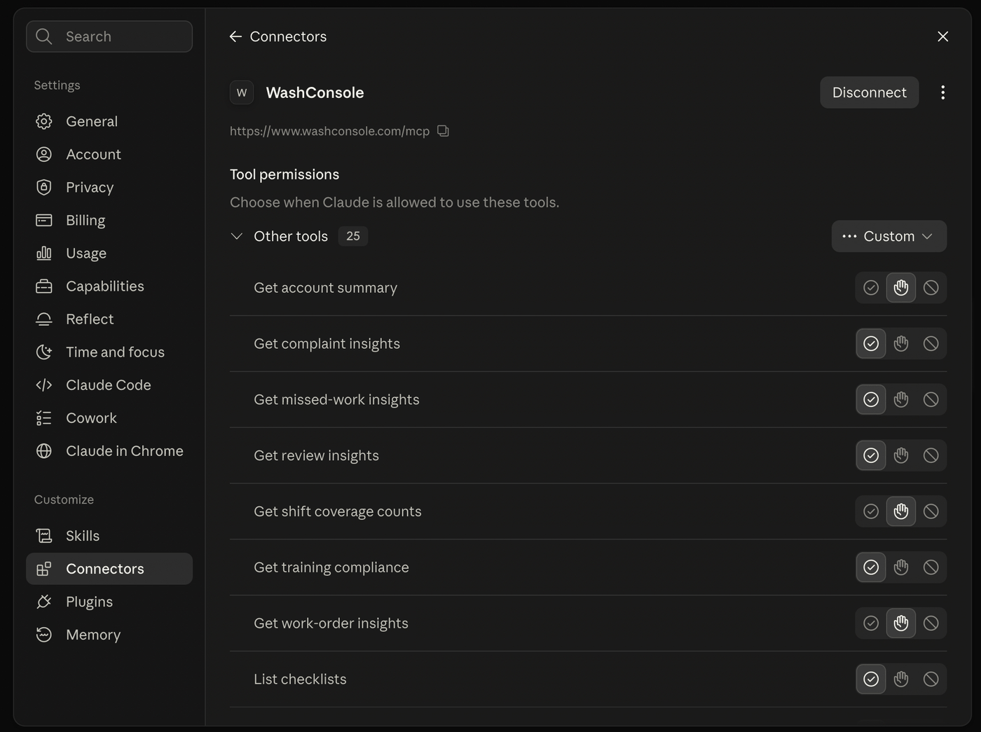 The WashConsole connector detail page in Claude, showing the server URL, a Disconnect button, and a Tool permissions list of 25 tools including Get account summary, Get complaint insights, Get missed-work insights, Get review insights, Get shift coverage counts, Get training compliance, Get work-order insights, and List checklists — each set to Always allow, Needs approval, or Blocked.