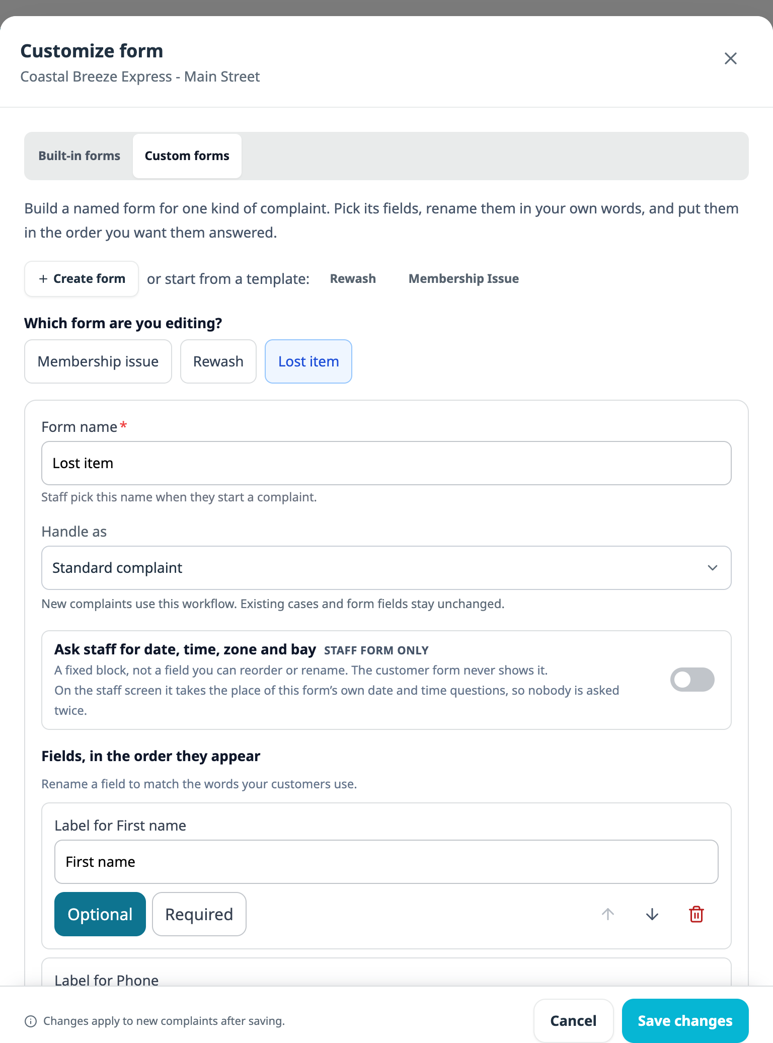 The custom form editor for a form called Lost item, showing fields for First name, Phone, Description renamed to What was left behind and where in the wash, and Date of visit, each with Optional and Required buttons, reorder arrows and a delete control, plus an Add field picker.