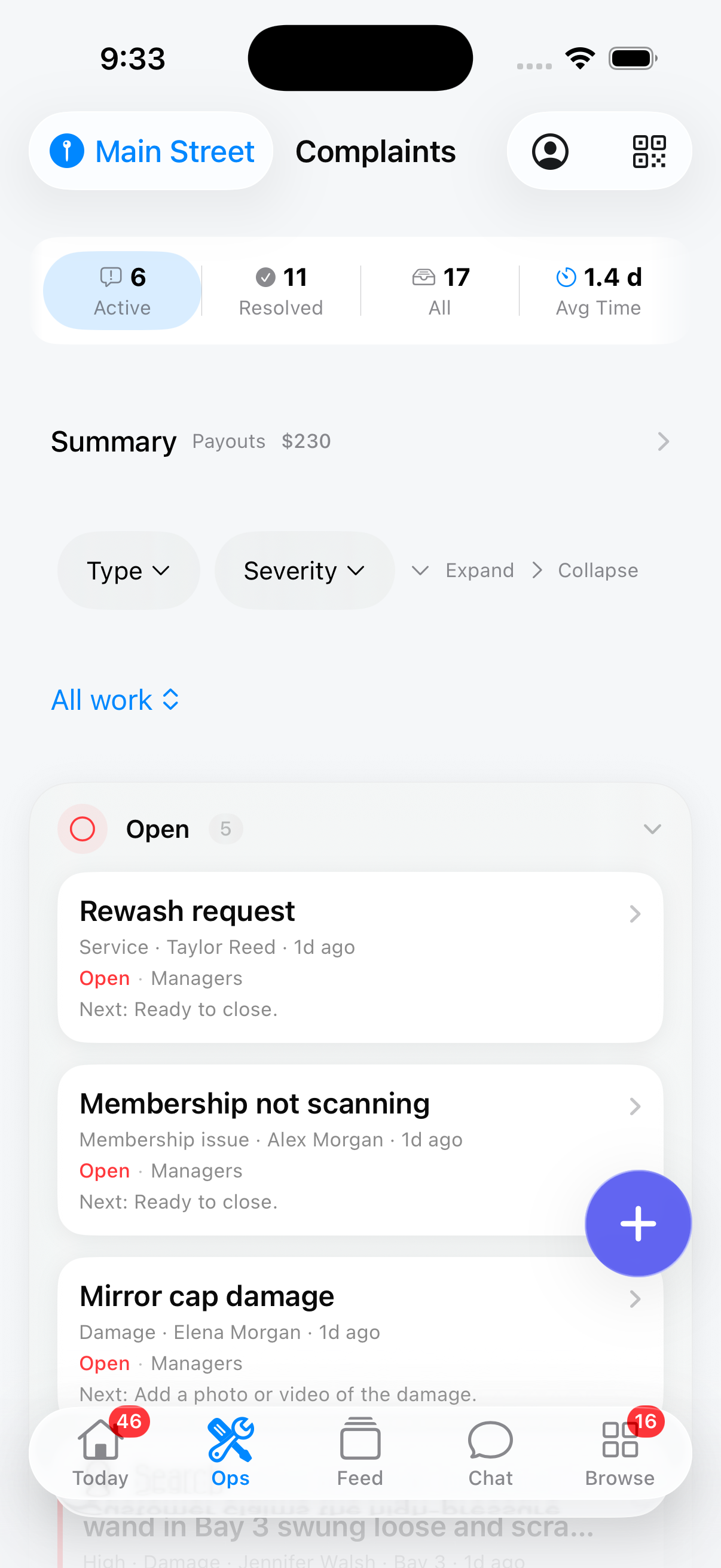 The WashConsole iOS Complaints screen: counts for Active, Resolved, All and Avg Time, a Summary row showing payouts, Type and Severity filters, and an Open section with rows for Rewash request and Membership not scanning both reading Next, Ready to close, and Mirror cap damage reading Next, Add a photo or video of the damage.