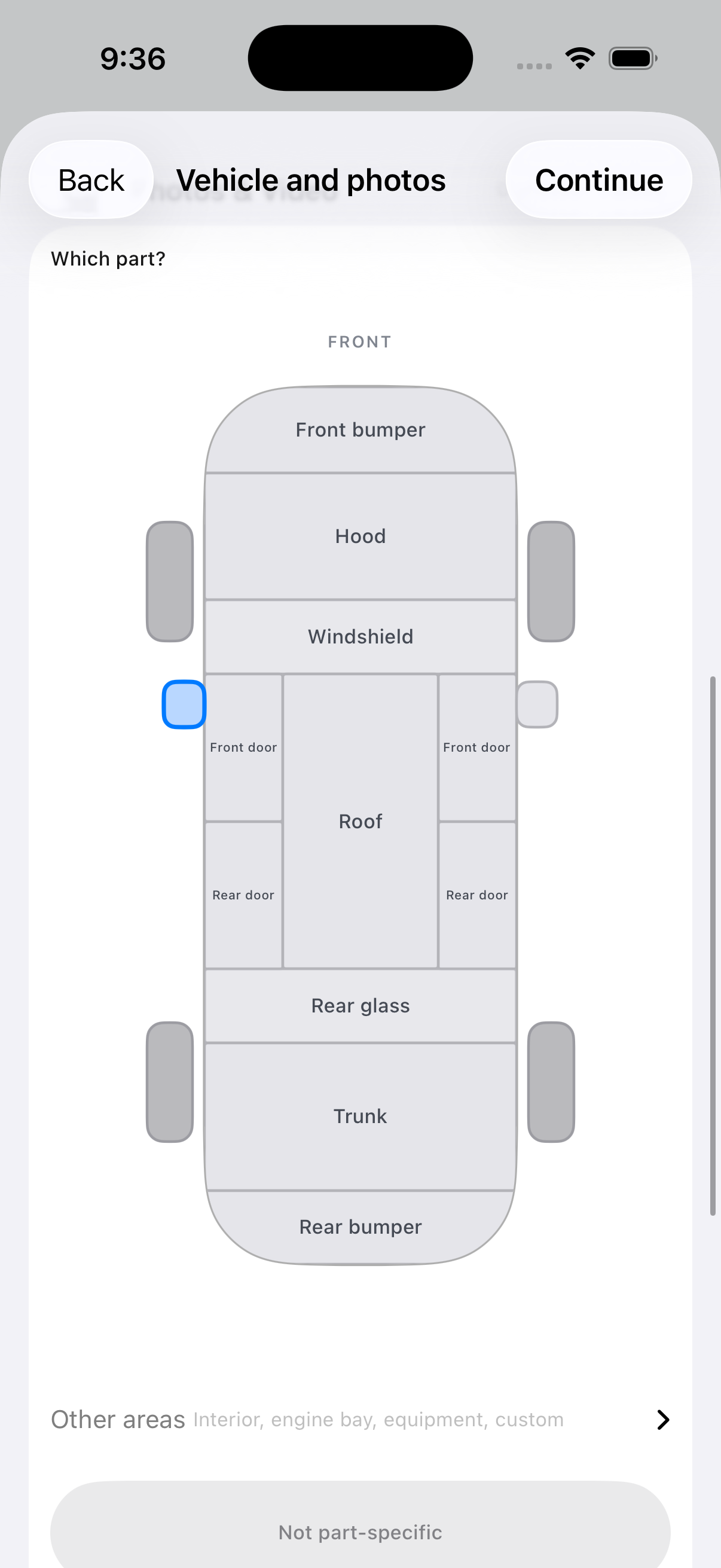 Step 2 of 3, headed Vehicle and photos, showing the Which part diagram of a car seen from above with Front bumper, Hood, Windshield, front and rear doors, Roof, Rear glass, Trunk and Rear bumper, and the driver-side mirror highlighted in blue, above an Other areas row for interior, engine bay, equipment and custom parts.