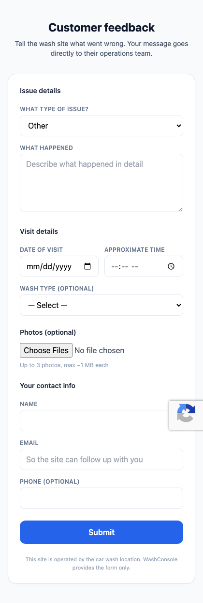 The customer complaint form on a mobile phone — clean, fast, no sign-in required