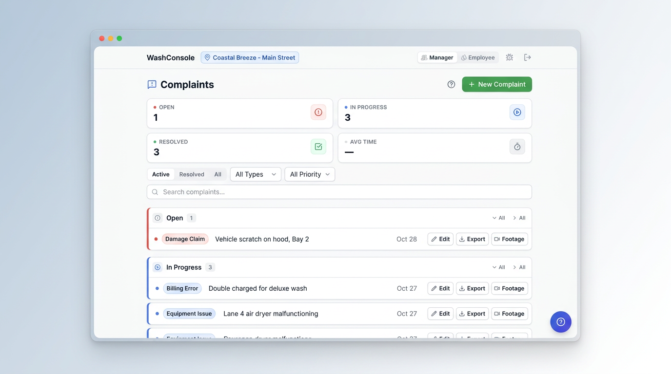 WashConsole complaints dashboard showing active customer complaint tickets, claim details, and resolution tracking