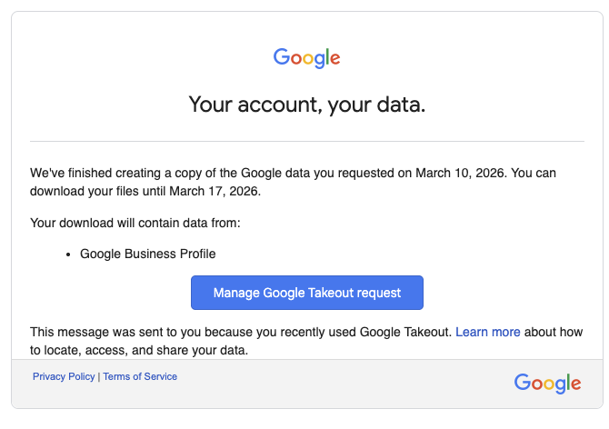 Google Takeout Email Confirmation