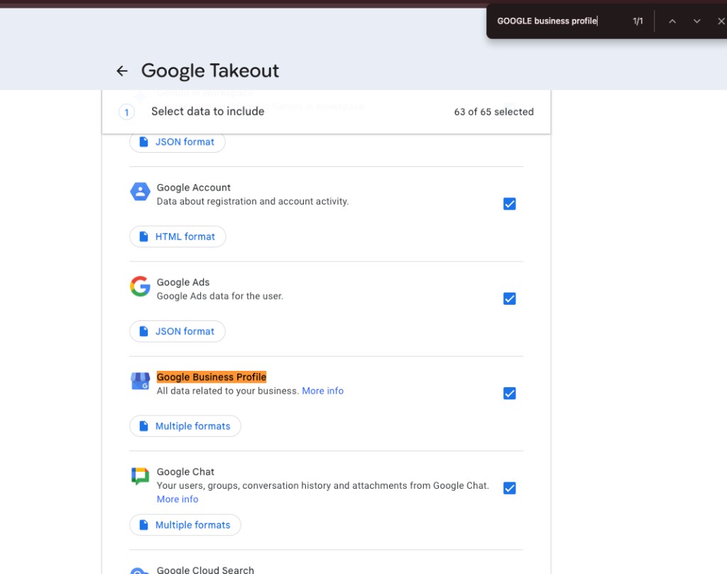 Google Takeout Selection