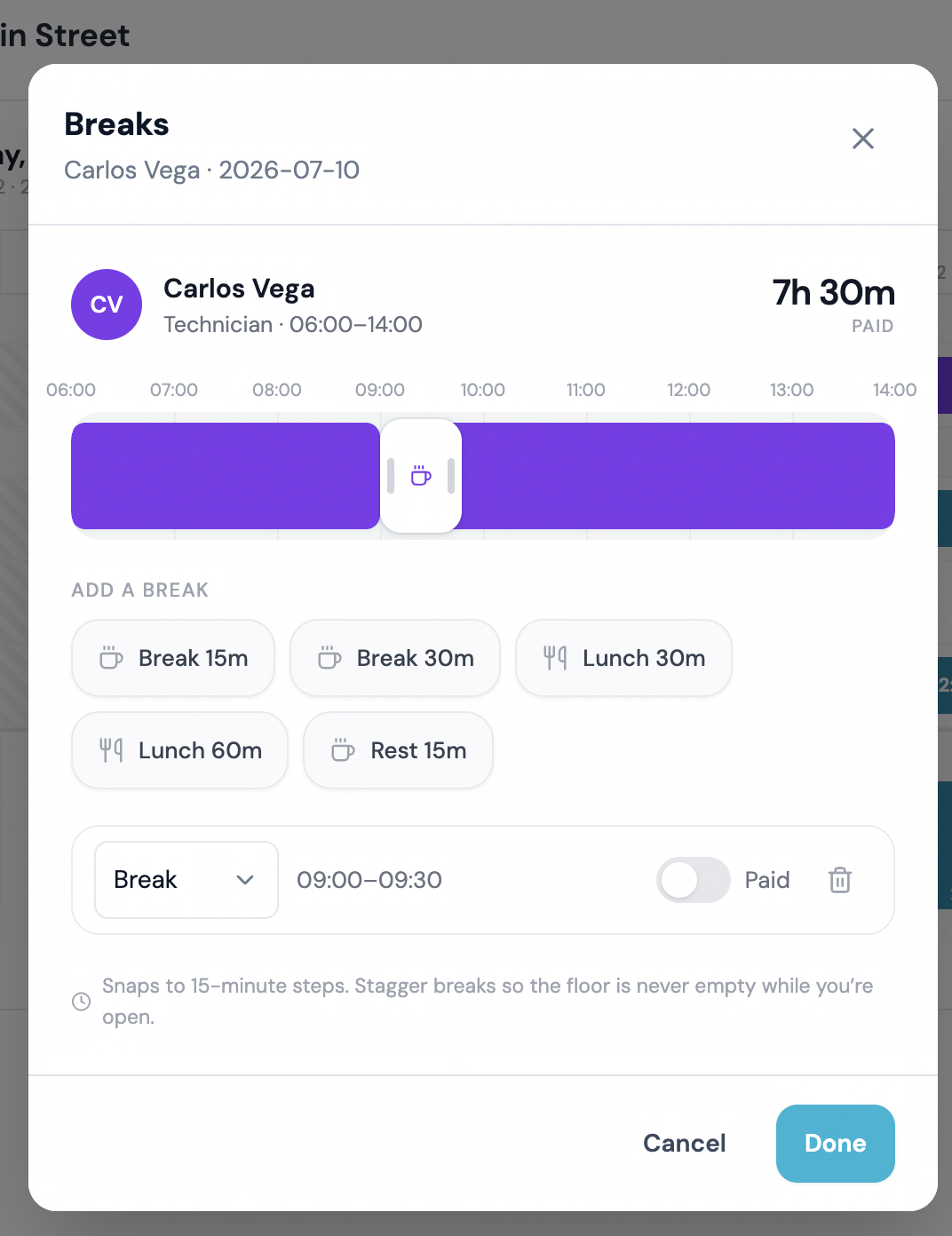 The break editor: open a shift, drop a break onto the timeline, pick Break, Lunch, or Rest, and set whether it's paid. Everything snaps to 15-minute steps.