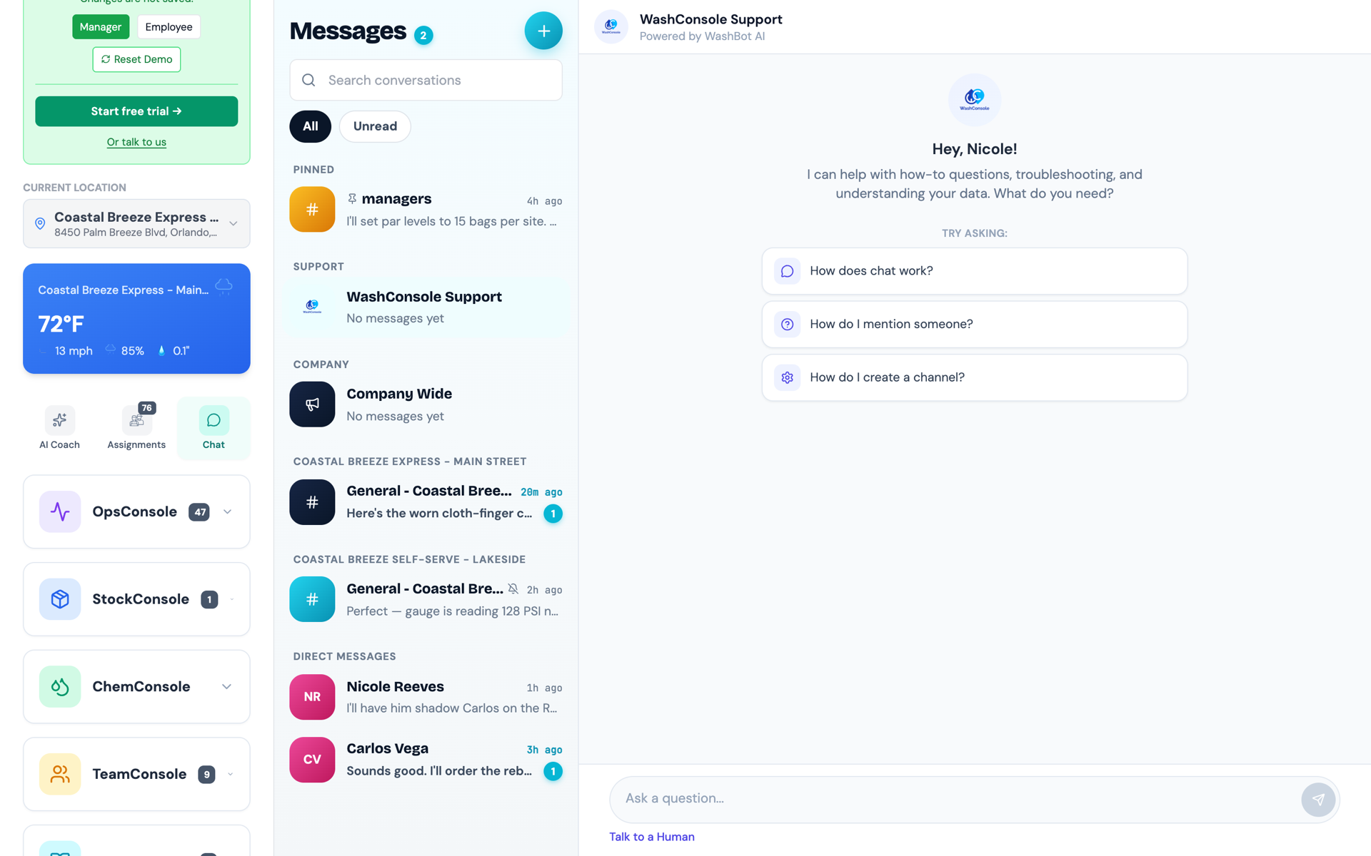 Chat's new Company-Wide channel, marked with a megaphone in its own Company section, sits alongside pinned, support, and per-site channels, with WashBot, the in-app assistant, on the right.
