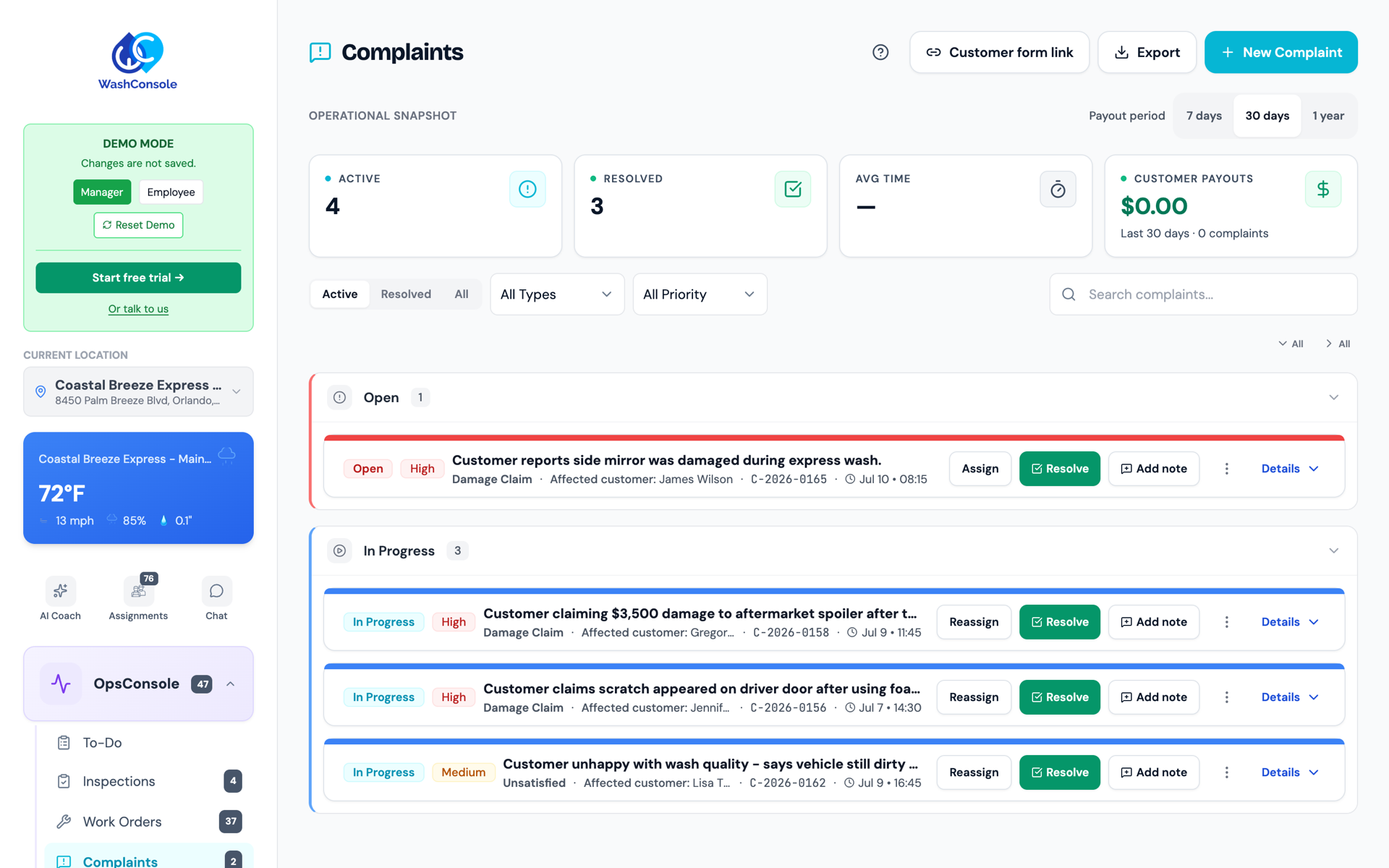 The redesigned Complaints workspace: an operational snapshot with active, resolved, average-time, and customer-payout tiles above damage-claim cases grouped by status.