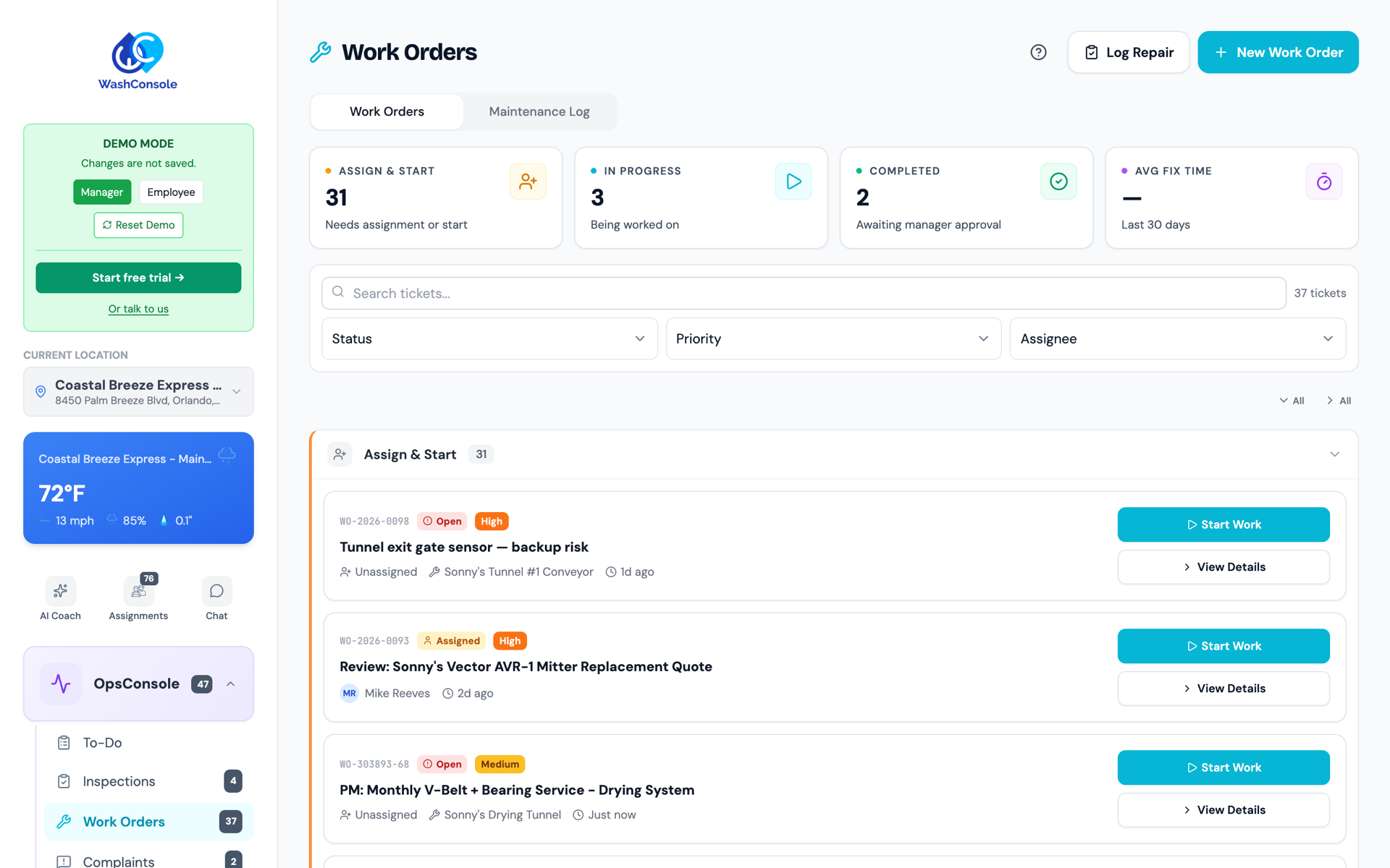 The Work Orders board groups tickets by status (Assign & Start, In Progress, Completed), with a Log Repair shortcut and the Maintenance Log one tab away.