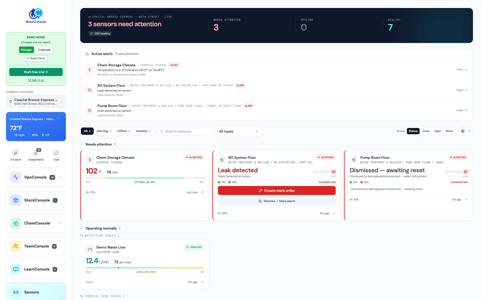 The new Sensors page catching three problems live: a chemical room running hot and two water leaks — with the rest of the site's sensors reporting healthy below.