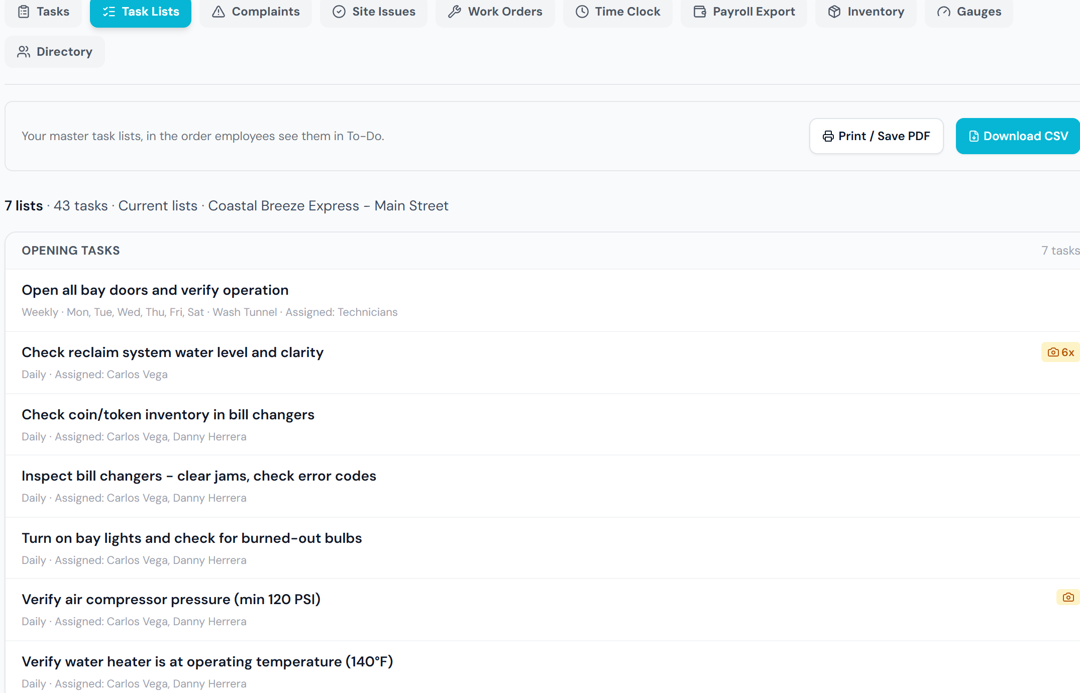 The Task Lists report: your Opening, Midshift, and Closing lists with each task's schedule and who it's assigned to — one click to print, save as PDF, or export a spreadsheet.