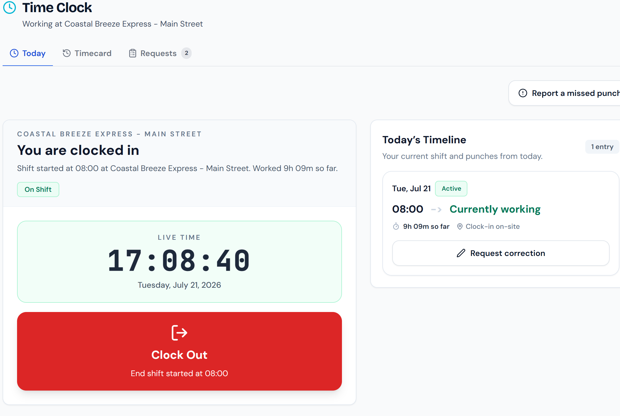 The new Time Clock: today's status front and center — clocked in, live clock, one big Clock Out button — with your timecard and requests one tap away.