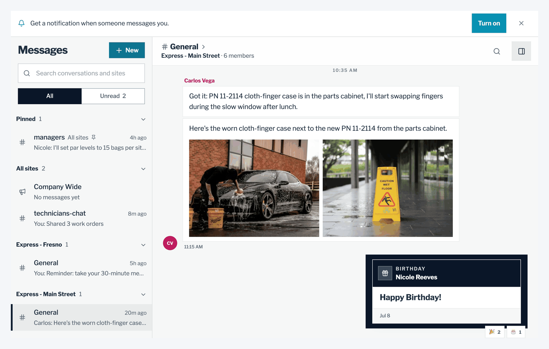 Messages lists conversations under All sites, then one heading per site. A site's General channel is open, and the Details panel beside it shows the channel's name and its site.