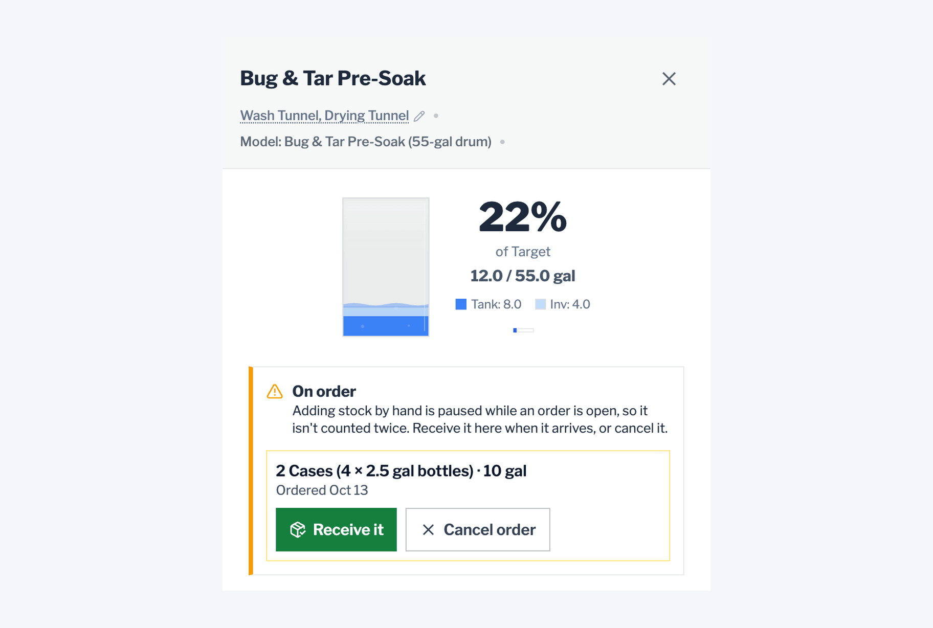 A chemical tank at 22% with an On order card for 2 cases. Receive it opens Receive shipment, which asks how many cases arrived and where they went. Choosing Poured into the tank raises the tank to 40%.