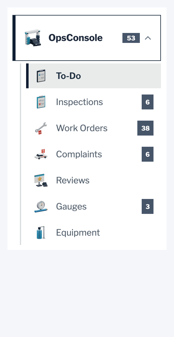 The WashConsole menu, where every page has its own picture. Selecting Chemicals under ChemConsole, then Time Clock under TeamConsole, marks each selected page with a gray row and a navy edge.