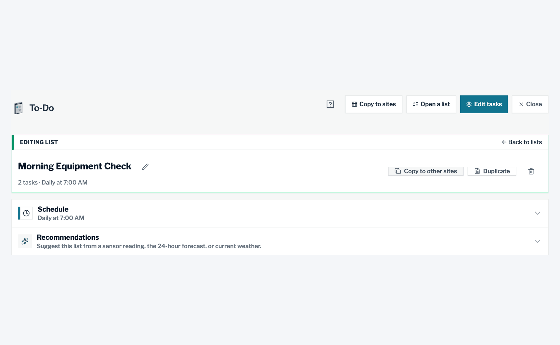 A checklist called Morning Equipment Check open for editing, with a Copy to other sites button. The Copy to other sites window lists two other car wash sites, each marked Not there yet: copies the list and its 2 tasks. After copying, Copy lists to sites shows Morning Equipment Check at 3 of 3 sites.
