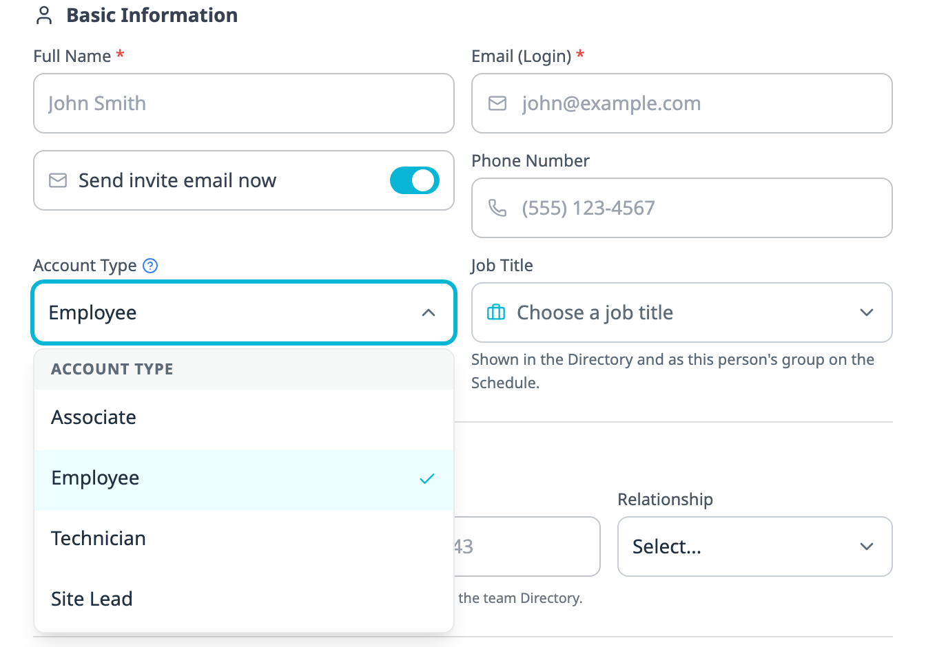 The Add Team Member form with the Account Type dropdown open, listing Associate, Employee with a check mark, Technician and Site Lead, beside a Job Title picker.