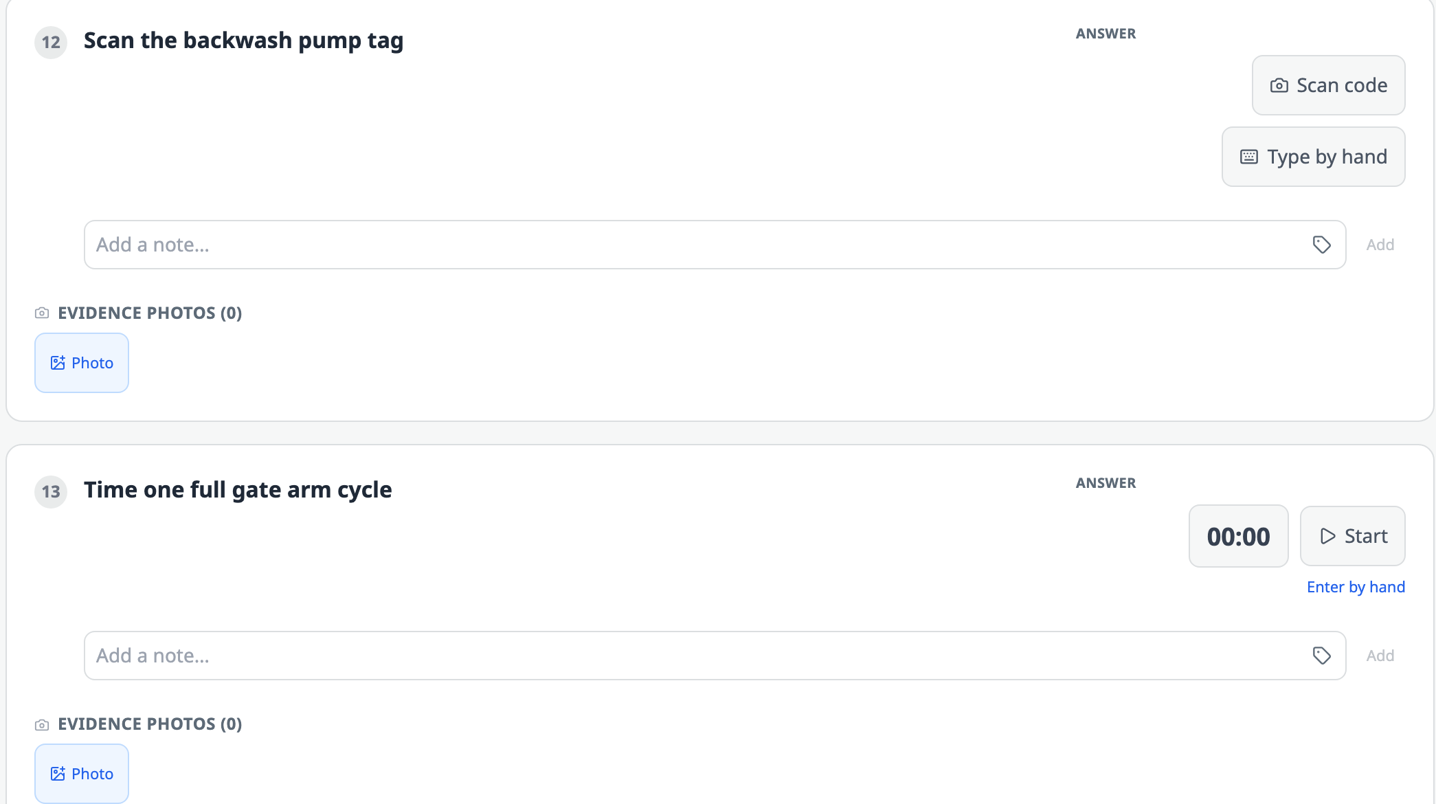Two more items from the same run: Scan the backwash pump tag with Scan code and Type by hand buttons, and Time one full gate arm cycle with a 00:00 stopwatch, a Start button and an Enter by hand link.