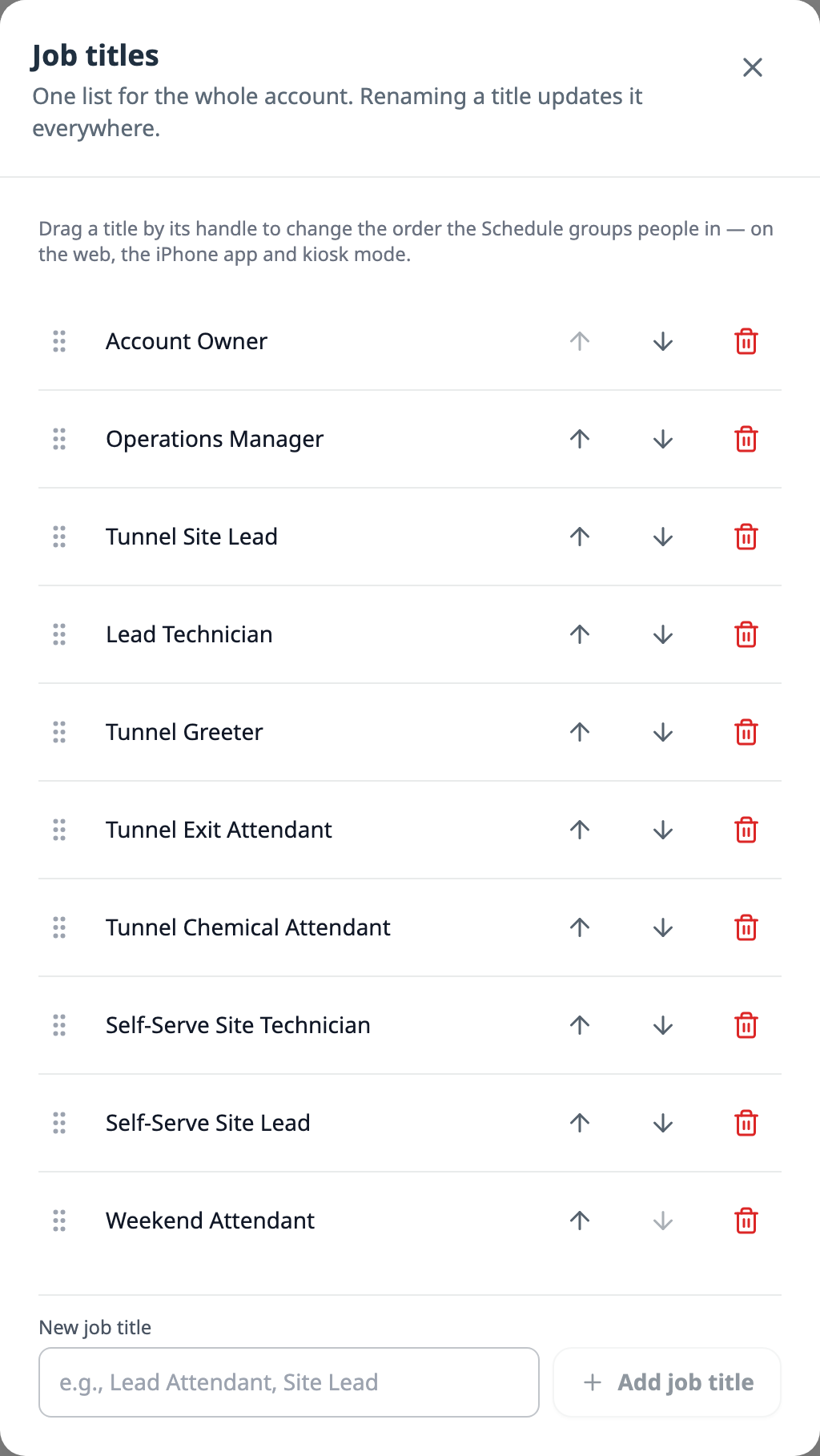 The Job titles editor: one list for the whole account, Account Owner through Weekend Attendant, each with a drag handle, up and down arrows and a delete button, and a New job title field with an Add job title button.