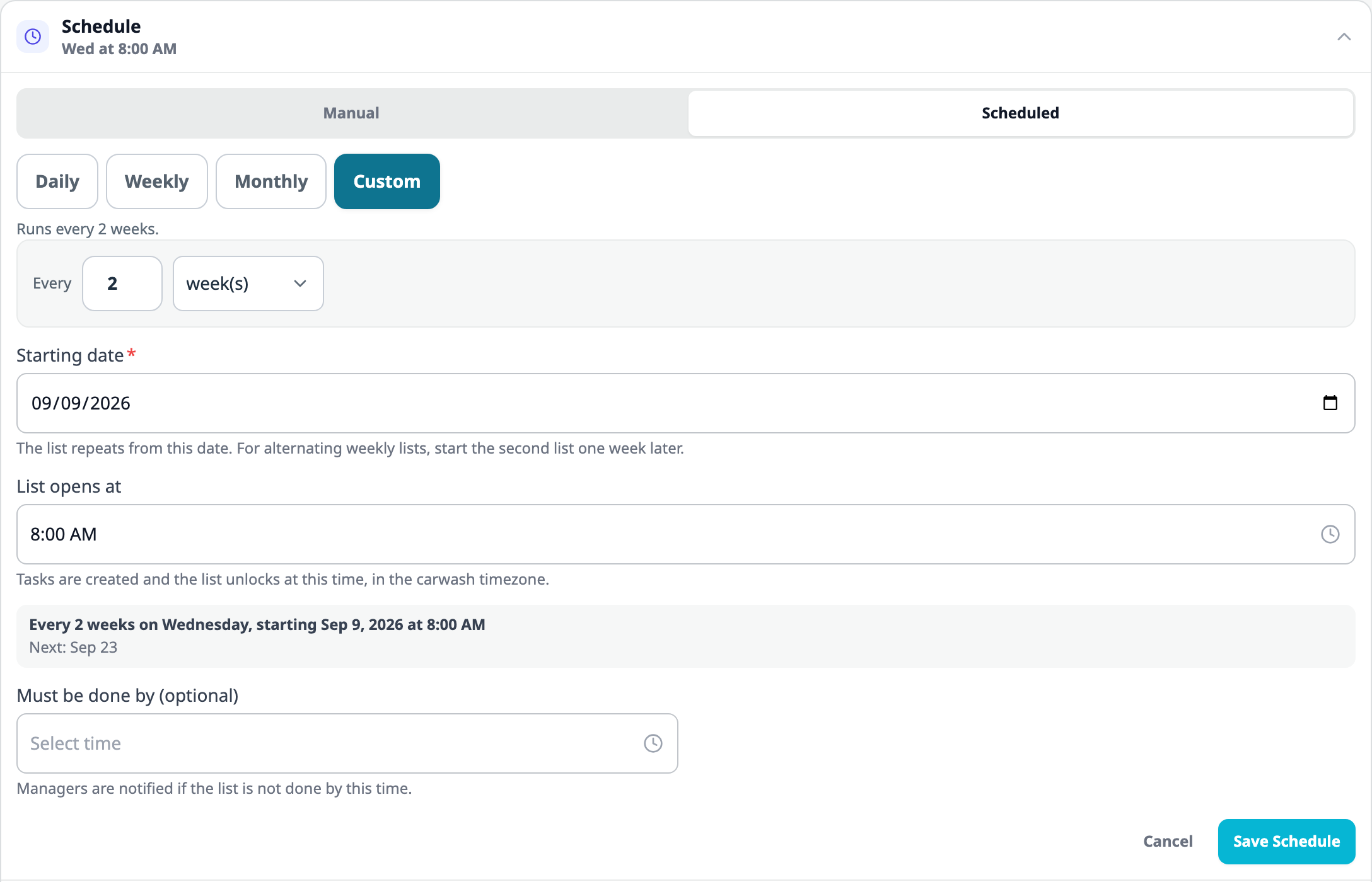 The Schedule panel of a list called Weekly Site Walk set to Scheduled and Custom: Every 2 weeks, a Starting date of 09/09/2026, List opens at 8:00 AM, and a preview reading Every 2 weeks on Wednesday, starting Sep 9, 2026 at 8:00 AM, Next: Sep 23.