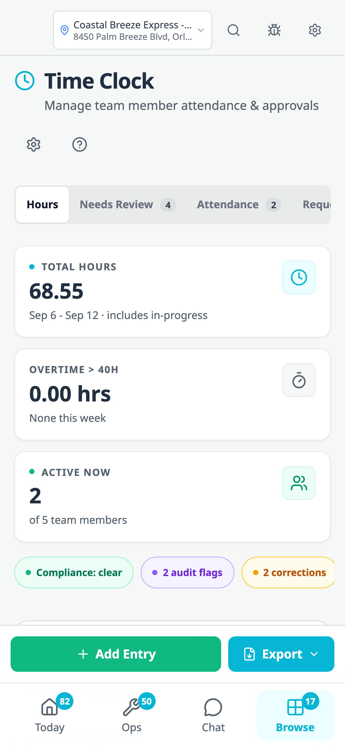 The Time Clock on a phone browser: a compact header with the site picker, three stat cards for total hours, overtime and active now, status chips, Add Entry and Export buttons, and a bottom navigation bar reading Today, Ops, Chat and Browse.
