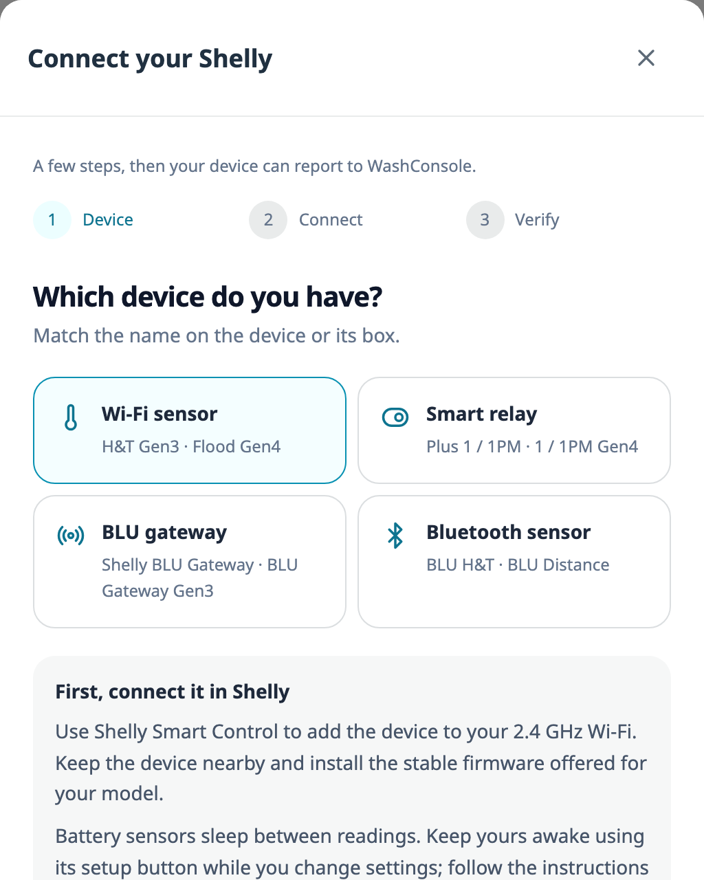 The Connect your Shelly dialog: three steps, Device, Connect and Verify; a Which device do you have question with four choices, Wi-Fi sensor, Smart relay, BLU gateway and Bluetooth sensor; and instructions to add the device in Shelly Smart Control first.