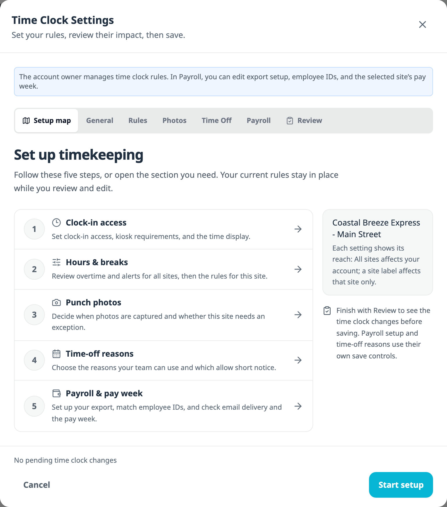 The Time Clock Settings dialog on its Setup map: five numbered steps, Clock-in access, Hours & breaks, Punch photos, Time-off reasons, and Payroll & pay week, a note that every setting shows its reach, and a Start setup button.