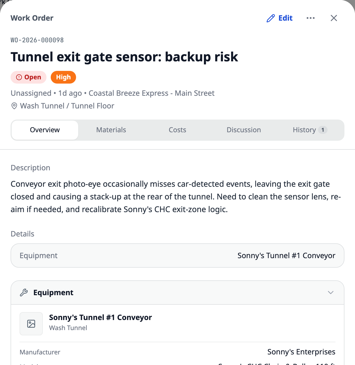 A work order titled Tunnel exit gate sensor: backup risk, Open and High, with tabs for Overview, Materials, Costs, Discussion and History, the description, and an Equipment card for Sonny's Tunnel #1 Conveyor showing the manufacturer, model, serial number and its manuals.