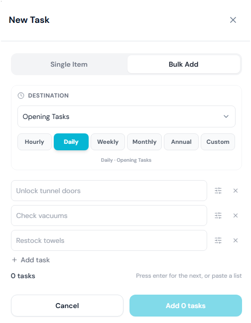 Bulk Add in the New Task modal: choose a destination and cadence, then type or paste one task per line — each line becomes its own scheduled task.