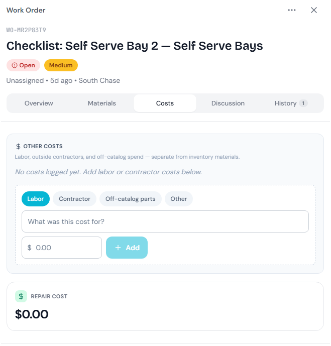 The new Costs tab on a work order: log labor, contractor, and off-catalog spend separately from inventory materials, with a running repair cost total.
