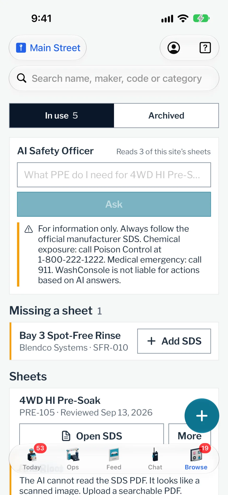The chemical library on the iPhone app, with safety data sheets