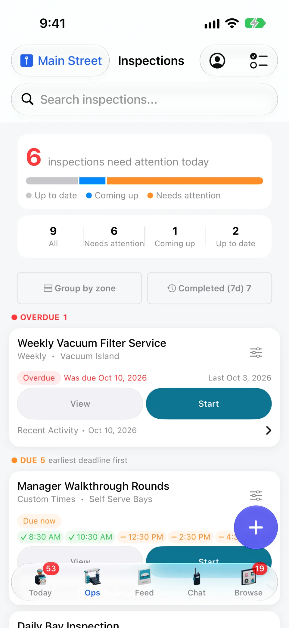 Inspections on the WashConsole iPhone app, with what needs attention today
