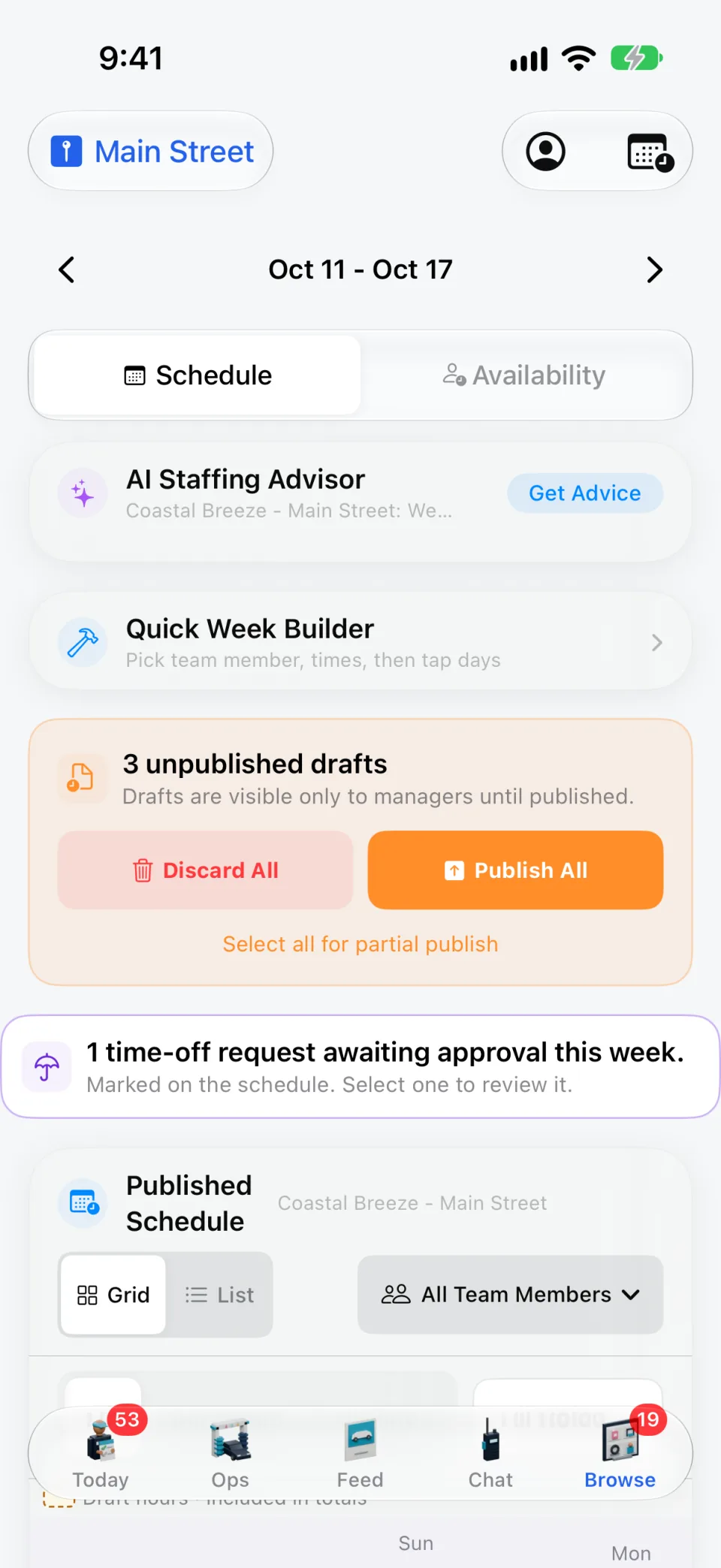 The team schedule on the iPhone app, with unpublished drafts and a time-off request to approve