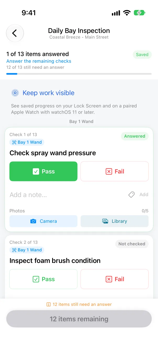 The Daily Bay Inspection on iPhone: pass or fail each check, with notes and photos