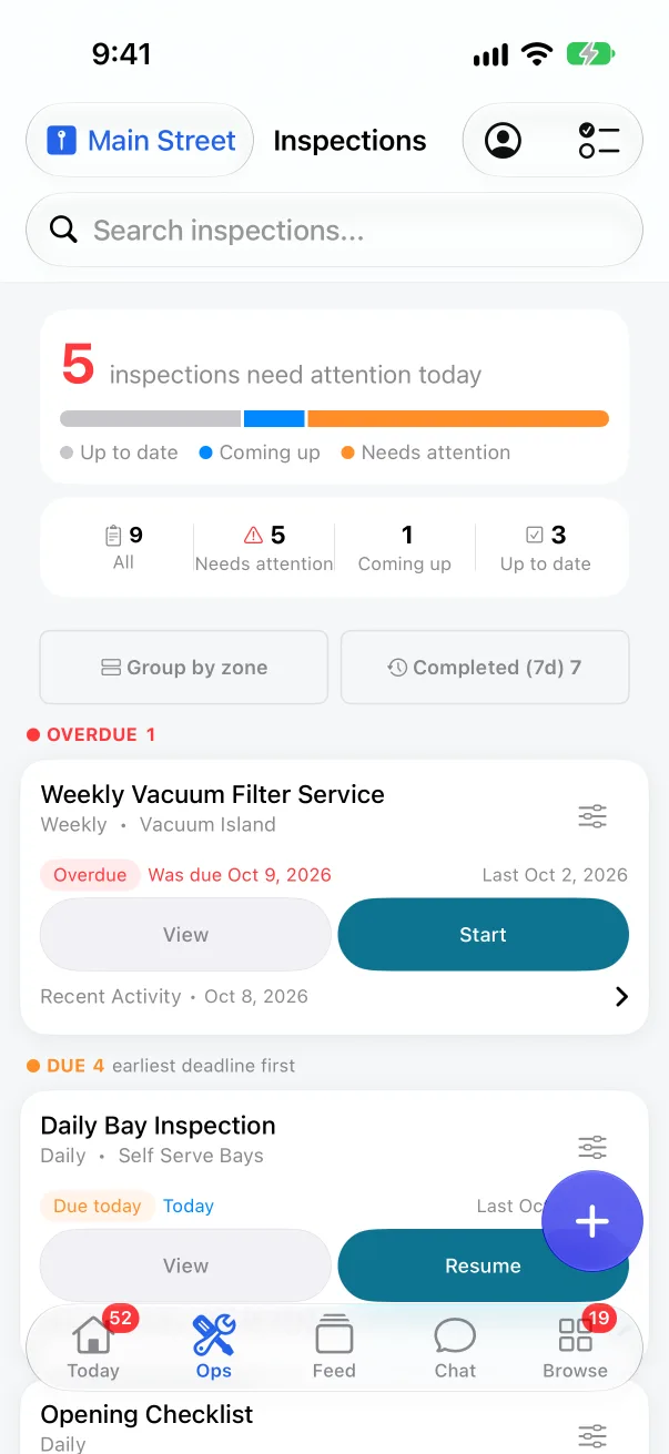 Inspections on the iPhone app: five need attention today