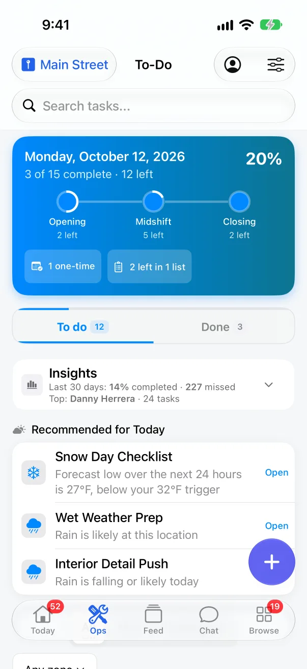 To-Do on the iPhone app: 3 of 15 tasks done today at Main Street